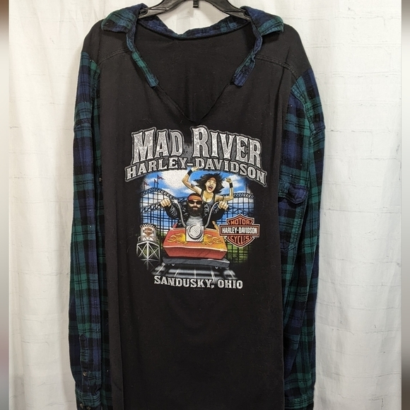 Hand Crafted Tops - HARLEY Davidson Motorcycle Upcycled Oversized Grunge Flannel Top OOAK
